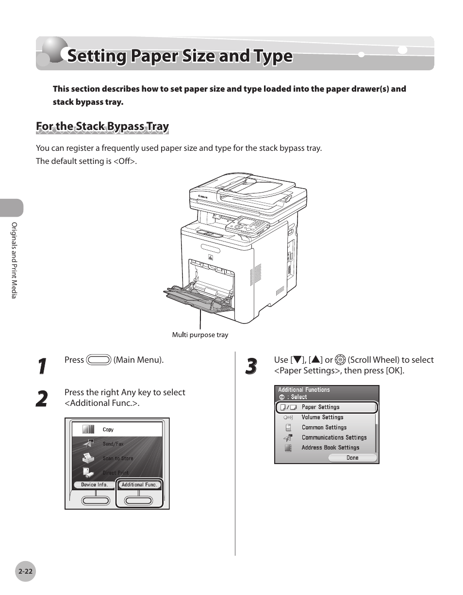 Setting paper size and type, For the stack bypass tray, Settng paper sze and type -22 | For the stack bypass tray -22, Setting paper size and type -22 | Canon Color imageCLASS MF9280Cdn User Manual | Page 75 / 548