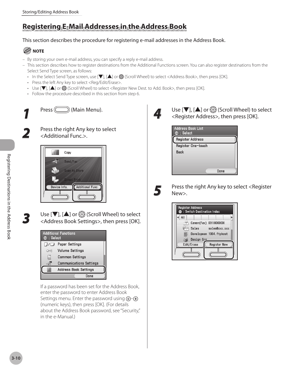 Registering e-mail addresses in the address book, Registering e-mail addresses in the, Address book -10 | Canon Color imageCLASS MF9280Cdn User Manual | Page 93 / 548