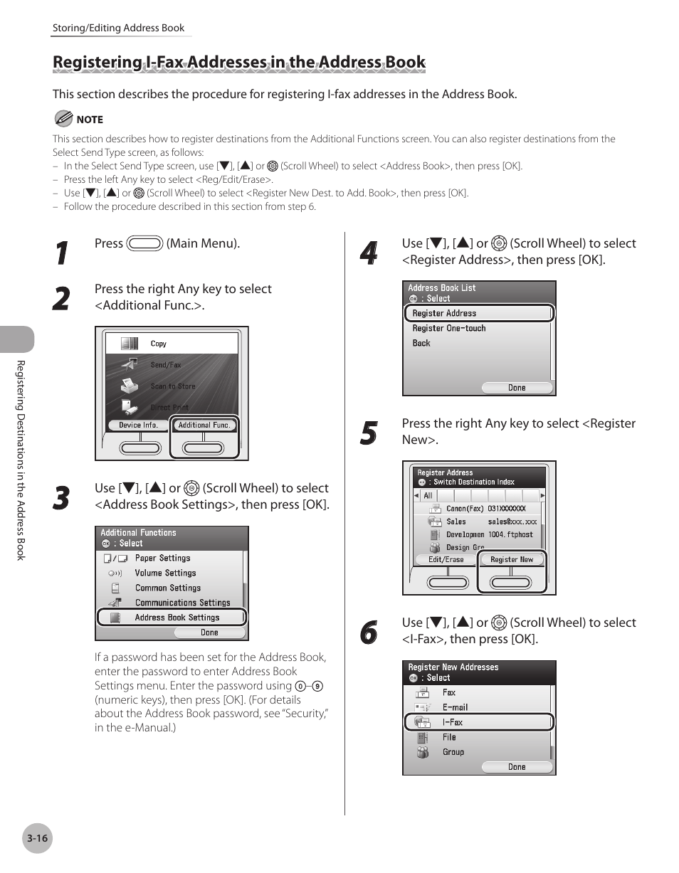 Registering i-fax addresses in the address book, Registering i-fax addresses in the, Address book -16 | Canon Color imageCLASS MF9280Cdn User Manual | Page 99 / 548