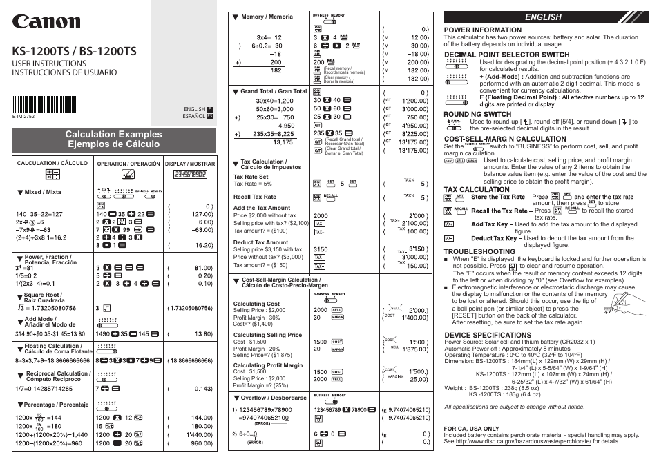 Canon BS-1200TS User Manual | 2 pages