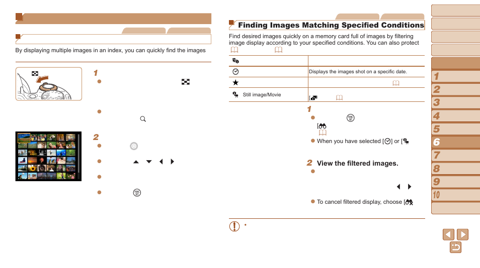 Browsing and filtering images, Search, Navigating through images in an index | Finding images matching specified conditions | Canon PowerShot SX510 HS User Manual | Page 76 / 168