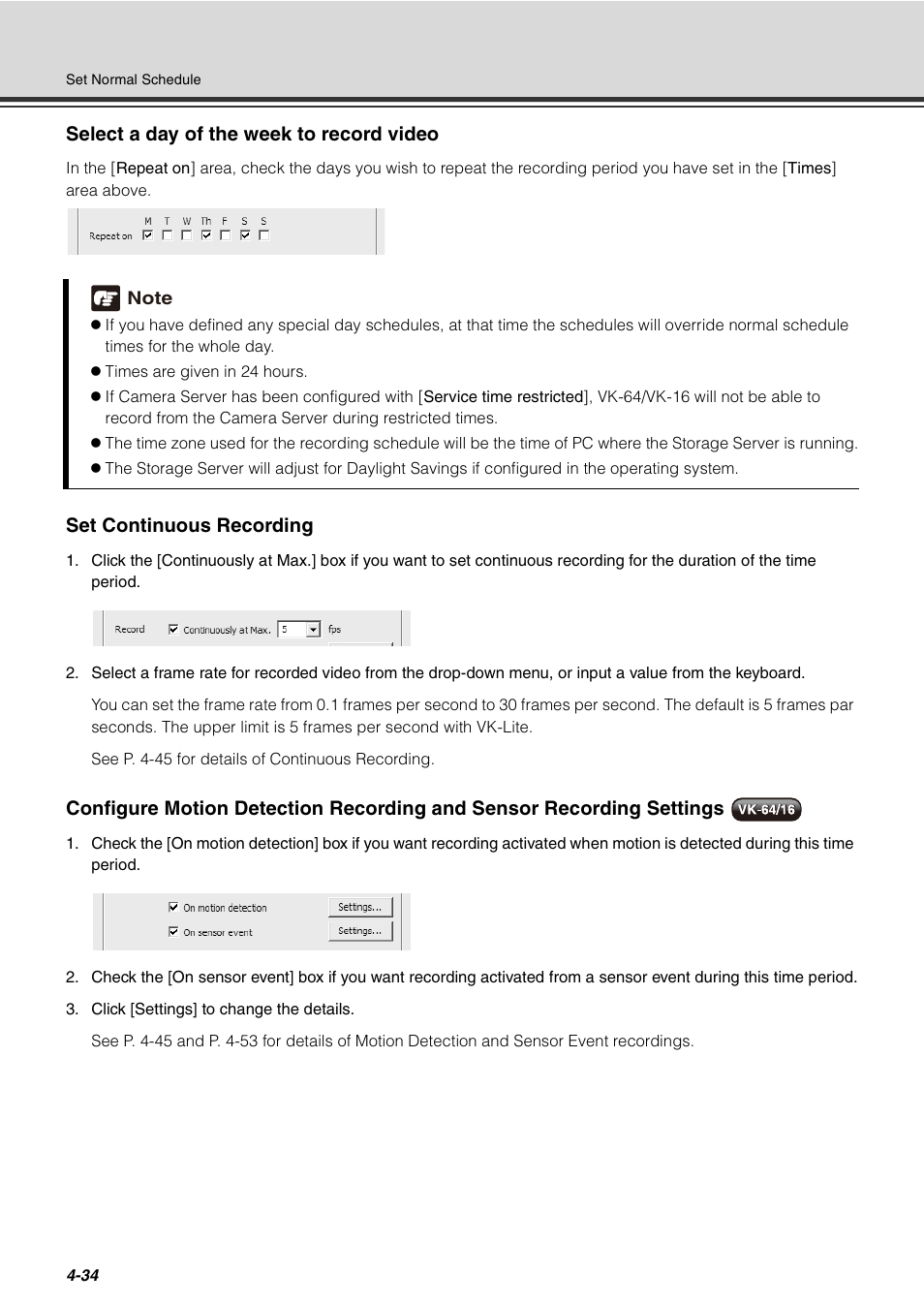 P. 4-34), Select a day of the week to record video, Set continuous recording | Canon VB-C60 User Manual | Page 114 / 288