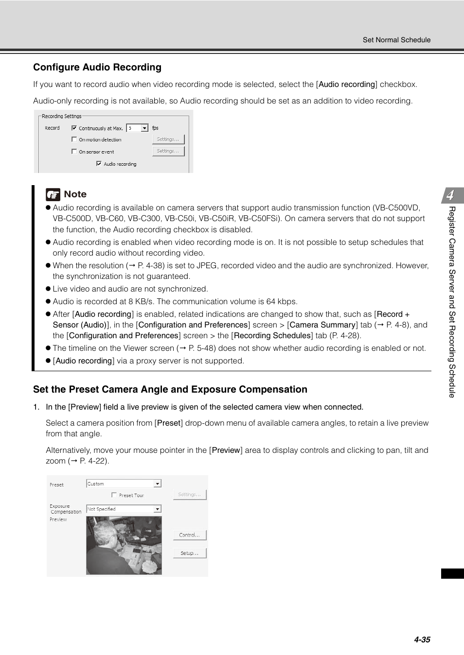 P. 4-35), Configure audio recording | Canon VB-C60 User Manual | Page 115 / 288