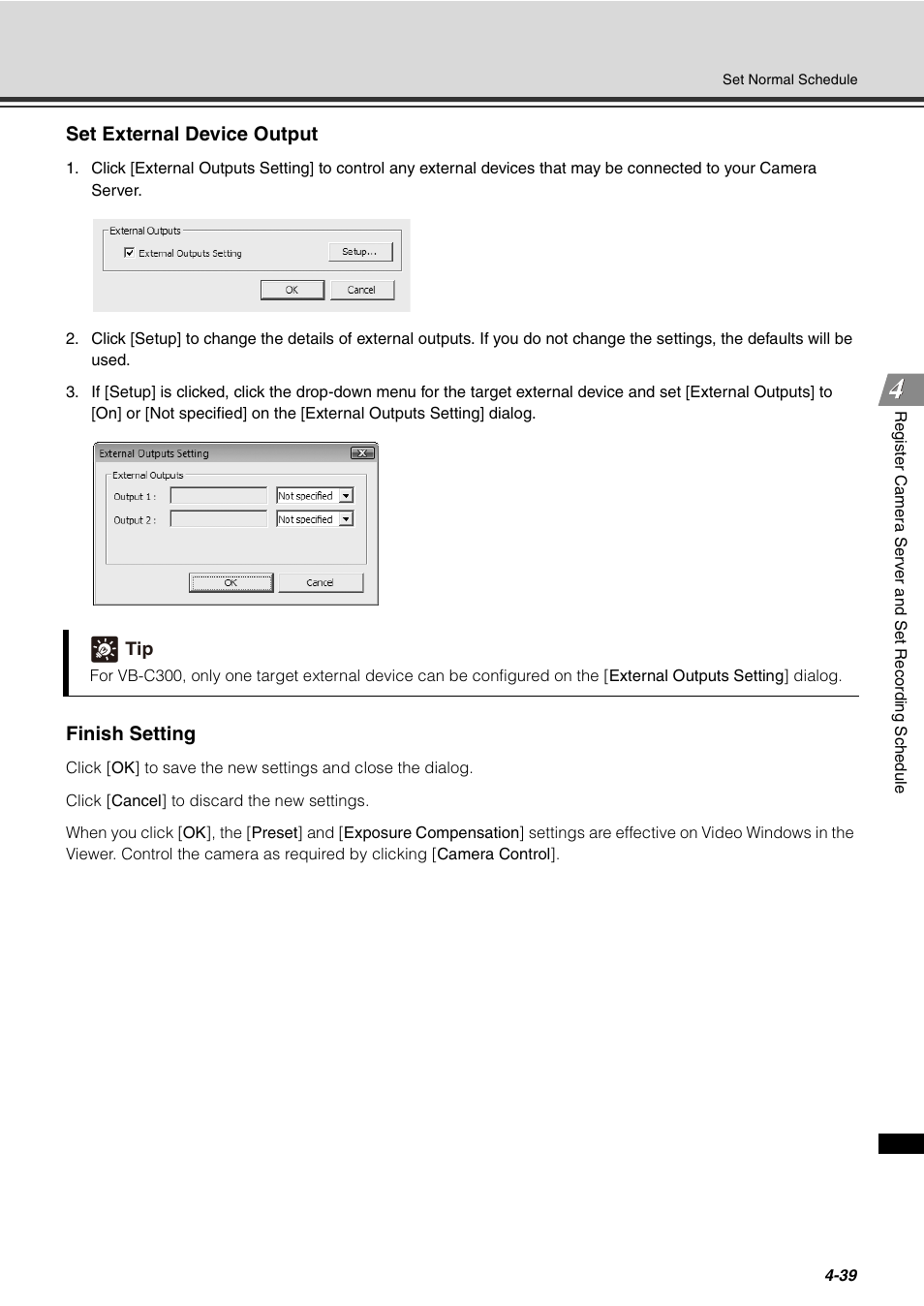P. 4-39), Set external device output, Finish setting | Canon VB-C60 User Manual | Page 119 / 288