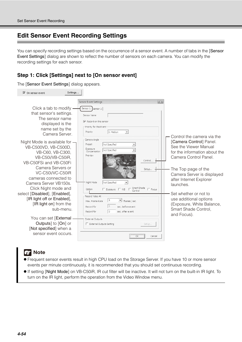 Edit sensor event recording settings, Edit sensor event recording settings -54, Step 1: click [settings] next to [on sensor event | Canon VB-C60 User Manual | Page 134 / 288