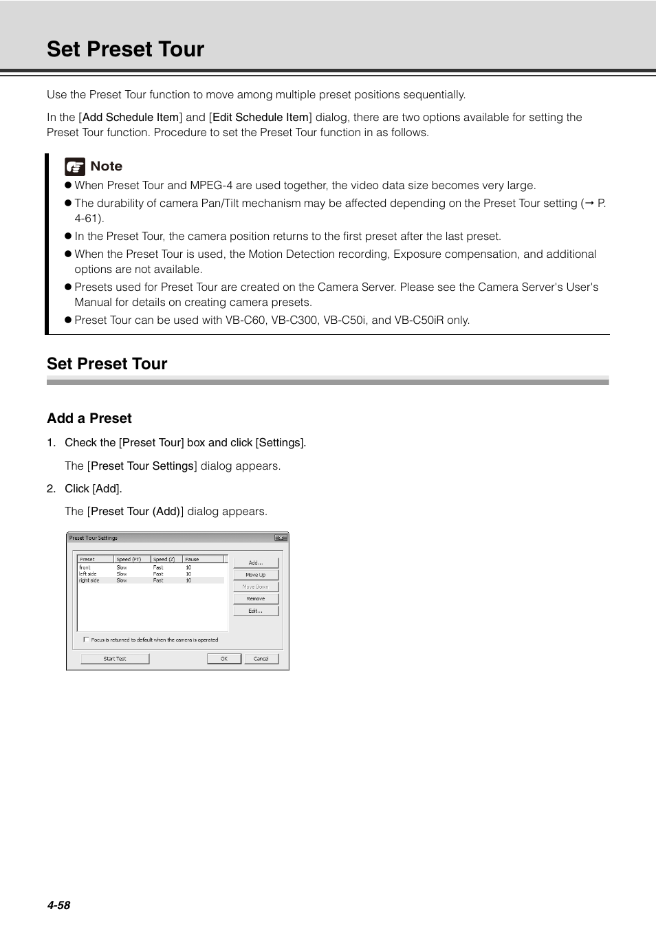 Set preset tour, Set preset tour -58 | Canon VB-C60 User Manual | Page 138 / 288