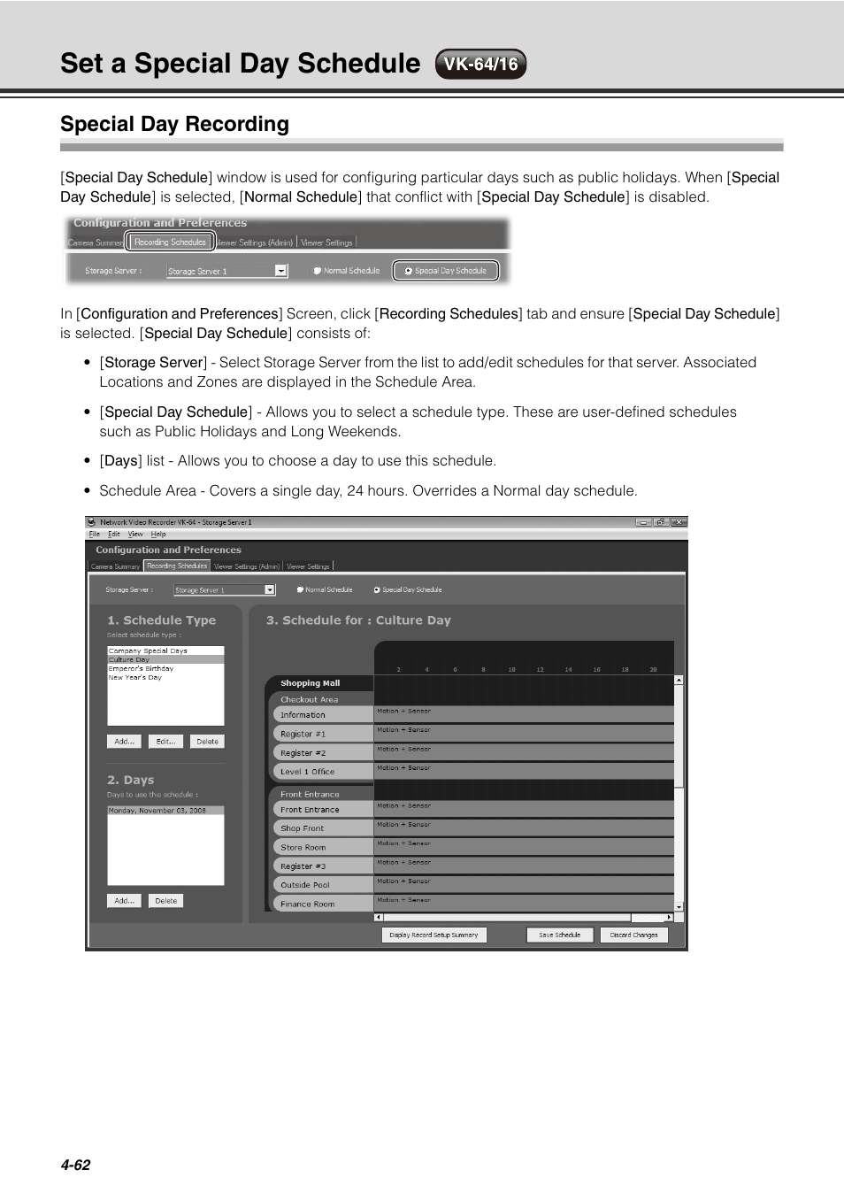 Set a special day schedule, Special day recording, Set a special day schedule -62 | Special day recording -62, P. 4-62 f | Canon VB-C60 User Manual | Page 142 / 288