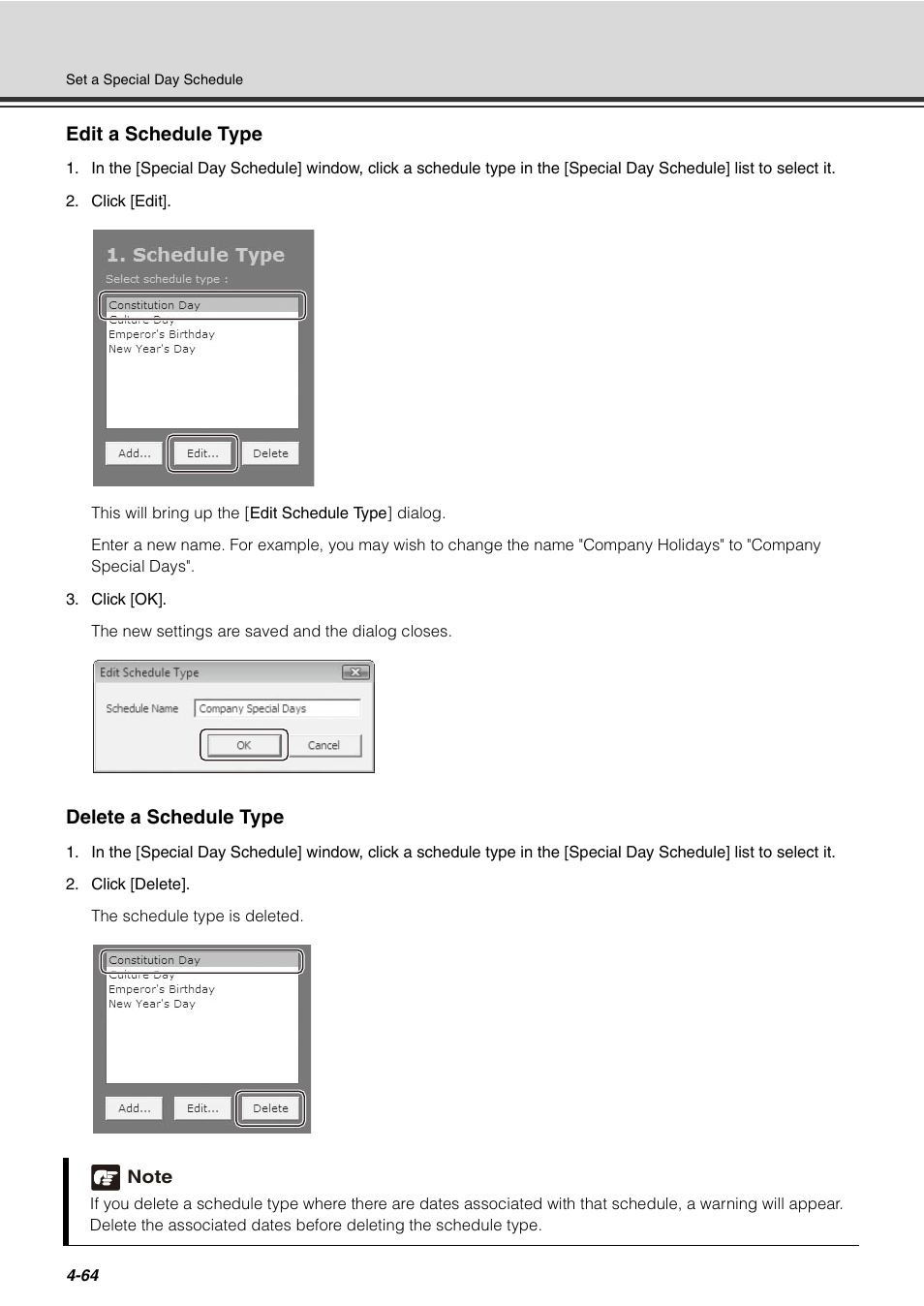 Edit a schedule type, Delete a schedule type | Canon VB-C60 User Manual | Page 144 / 288