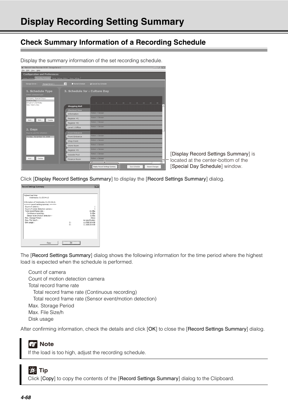 Display recording setting summary, Check summary information of a recording schedule, Display recording setting summary -68 | Canon VB-C60 User Manual | Page 148 / 288