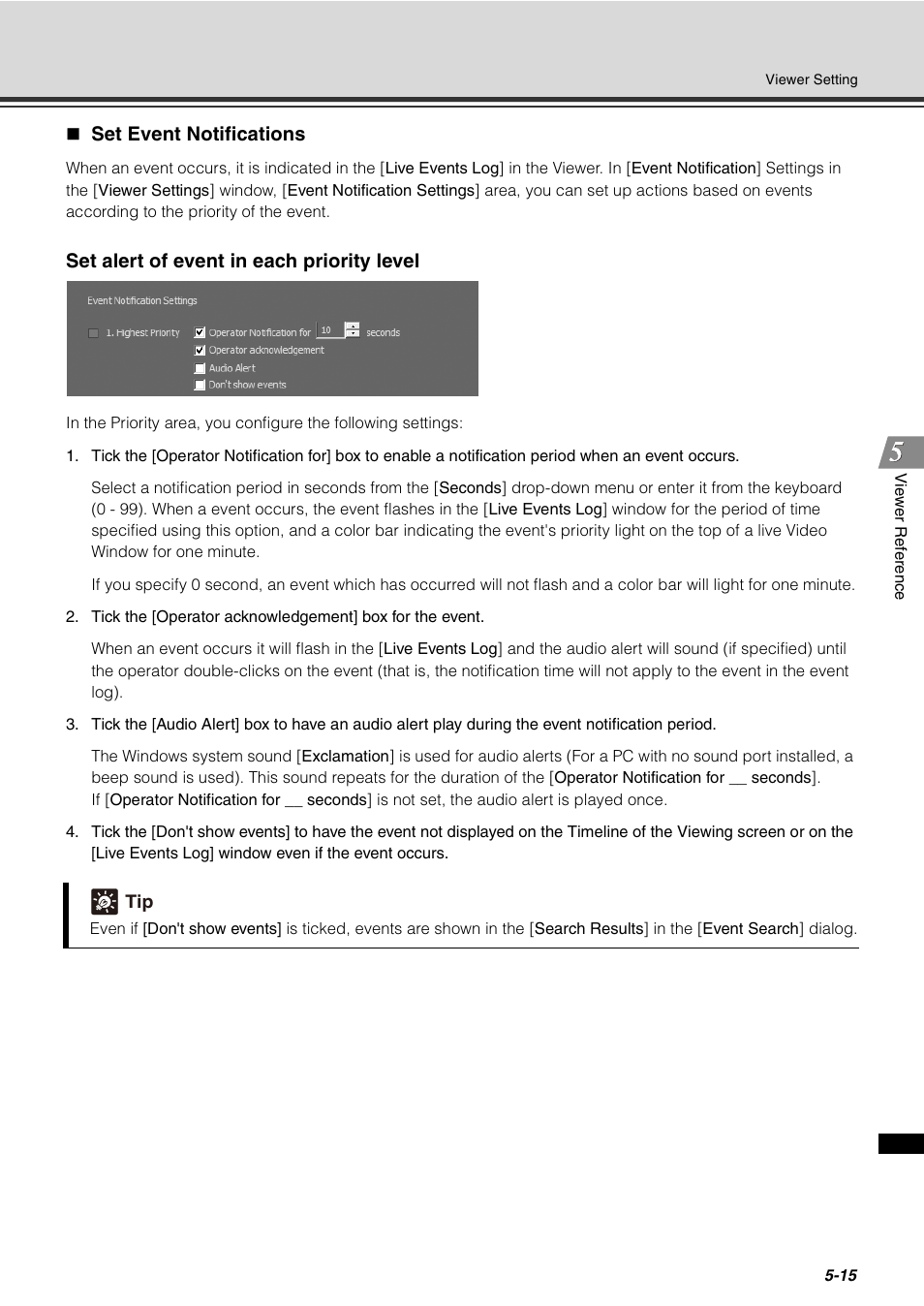 Set event notifications, Set event notifications -15, Set alert of event in each priority level | Canon VB-C60 User Manual | Page 165 / 288