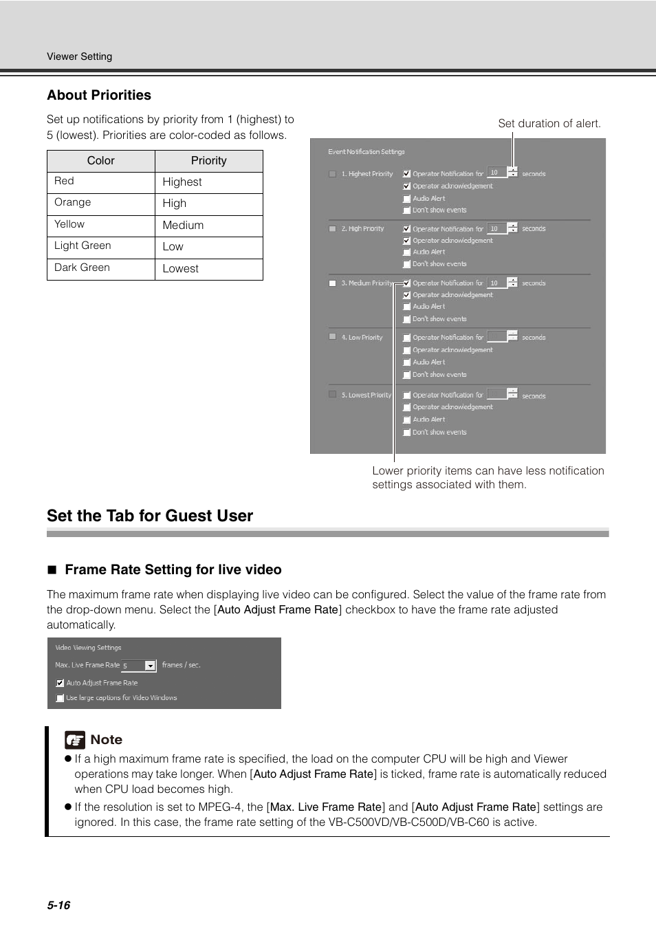 Set the tab for guest user, Frame rate setting for live video, Set the tab for guest user -16 | Frame rate setting for live video -16, About priorities | Canon VB-C60 User Manual | Page 166 / 288