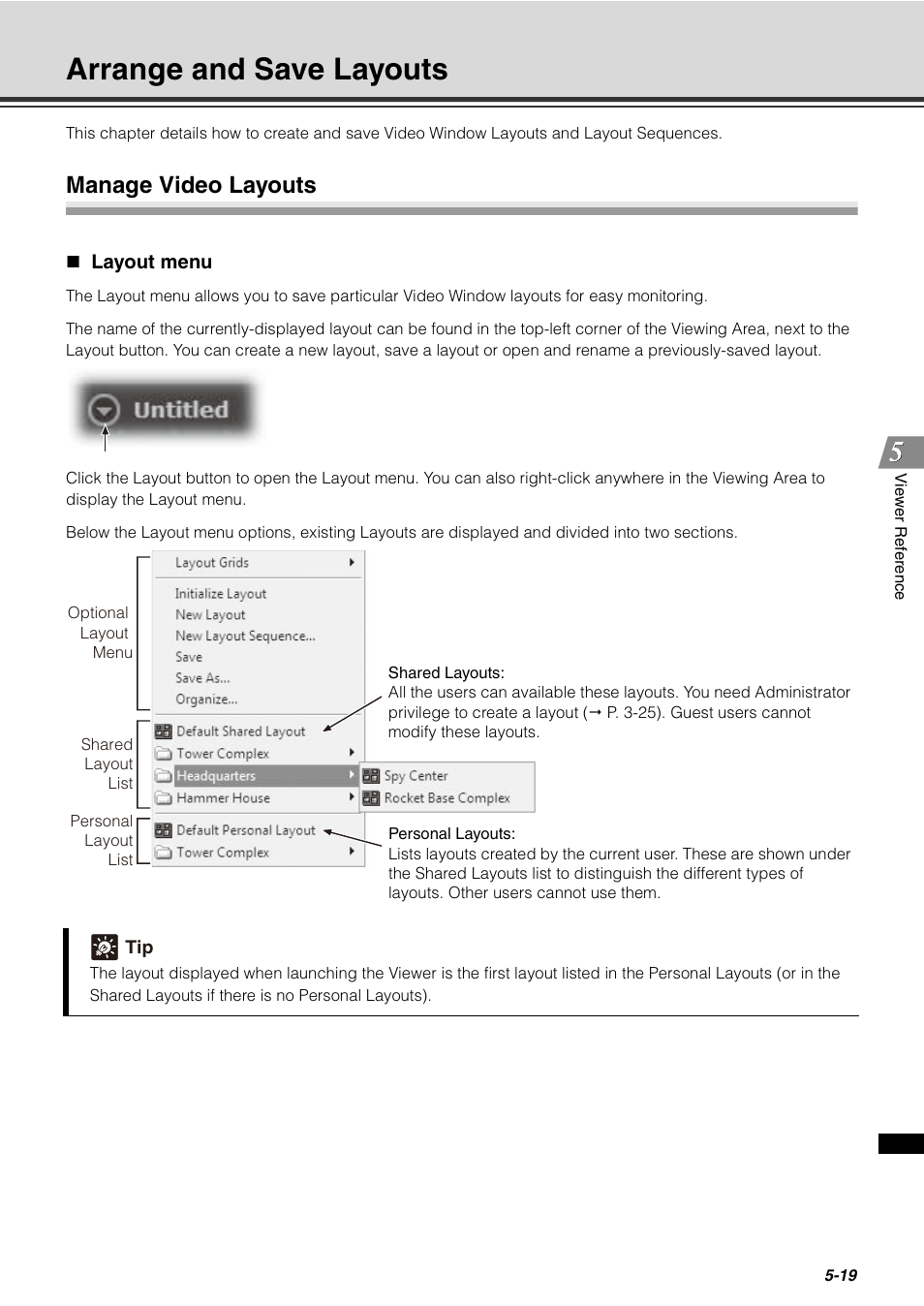 Arrange and save layouts, Manage video layouts, Layout menu | Arrange and save layouts -19, Manage video layouts -19, Layout menu -19 | Canon VB-C60 User Manual | Page 169 / 288