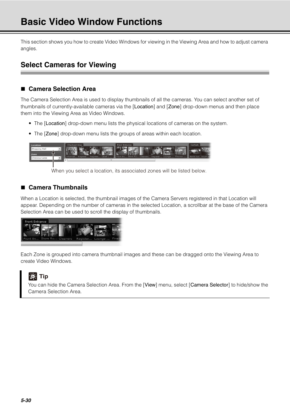 Basic video window functions, Select cameras for viewing, Camera selection area | Camera thumbnails, Basic video window functions -30, Select cameras for viewing -30, Camera selection area -30 camera thumbnails -30, P. 5-30) | Canon VB-C60 User Manual | Page 180 / 288