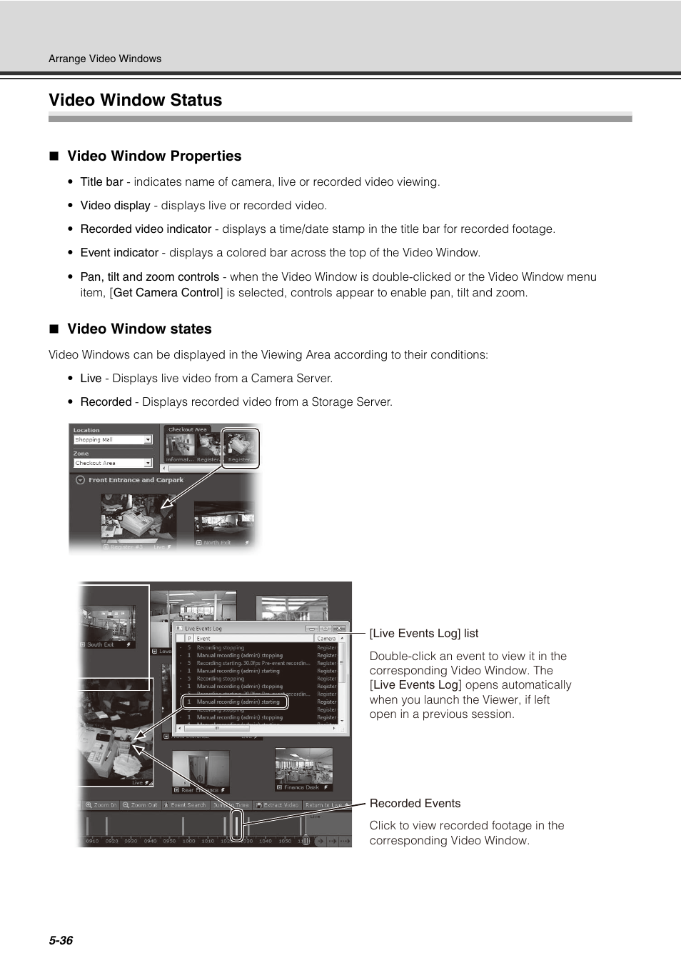 Video window status, Video window properties, Video window states | Video window status -36 | Canon VB-C60 User Manual | Page 186 / 288