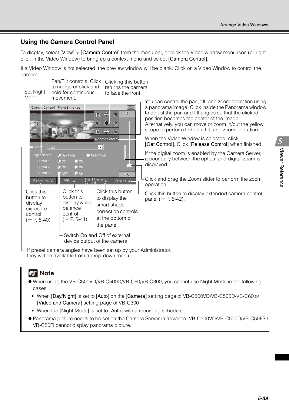 P. 5-39, P. 5-39), Using the camera control panel | Canon VB-C60 User Manual | Page 189 / 288