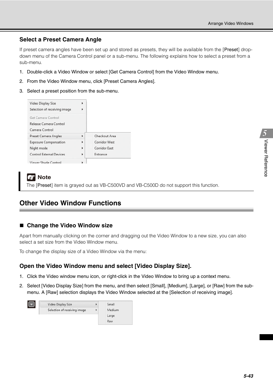 Other video window functions, Change the video window size, Other video window functions -43 | Change the video window size -43, P. 5-43) | Canon VB-C60 User Manual | Page 193 / 288