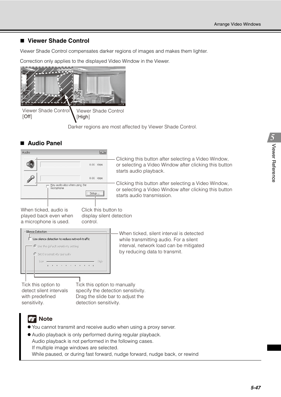 Viewer shade control, Audio panel, Viewer shade control -47 audio panel -47 | Canon VB-C60 User Manual | Page 197 / 288