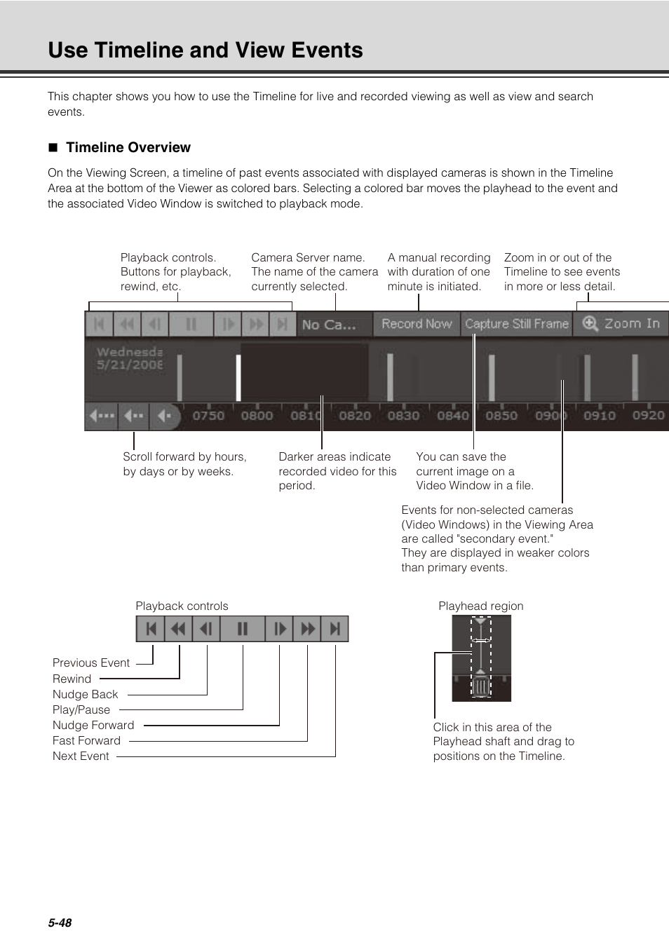 Use timeline and view events, Timeline overview, Use timeline and view events -48 | Timeline overview -48, P. 5-48, P. 5-48), [l, P. 5-48) | Canon VB-C60 User Manual | Page 198 / 288