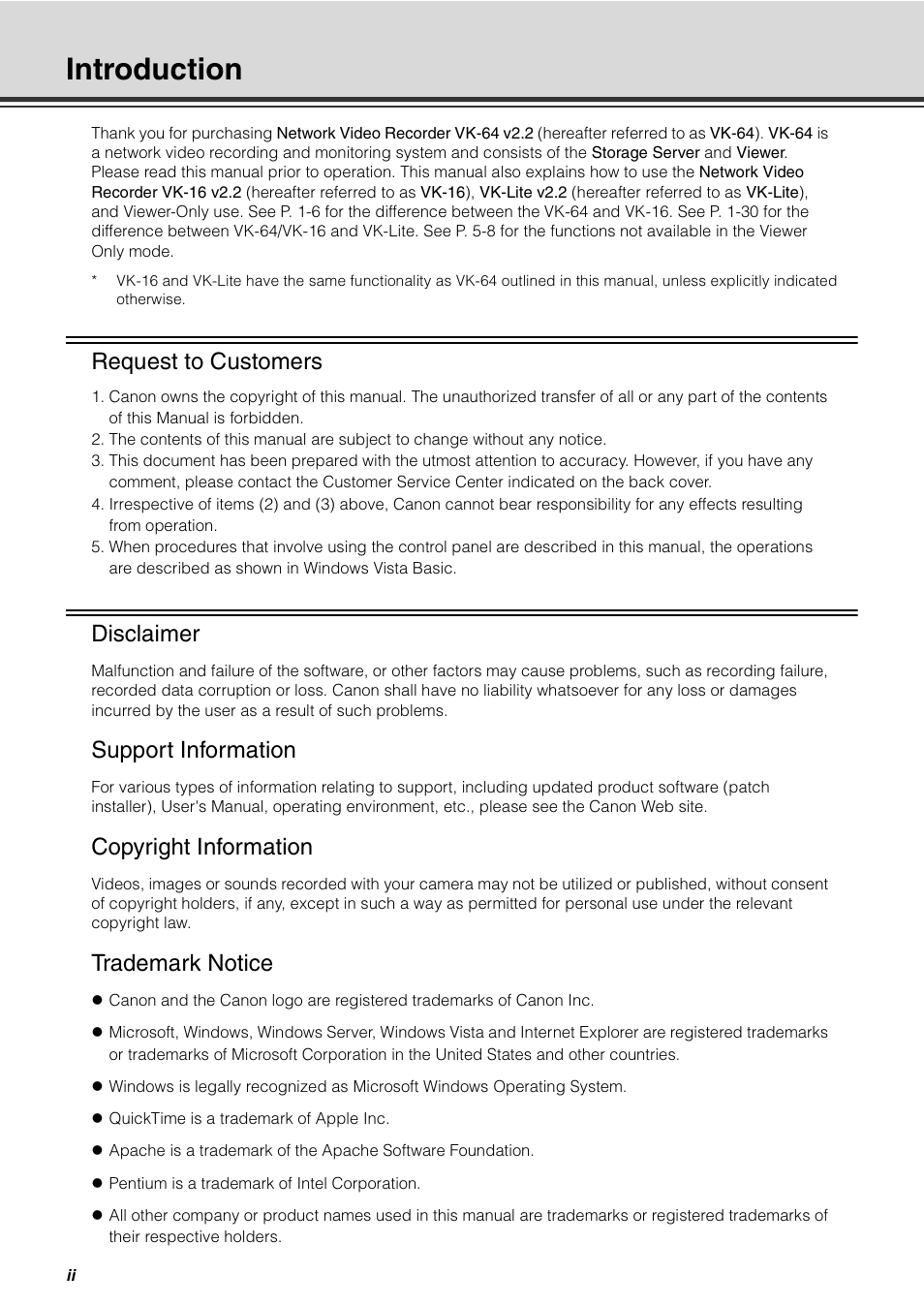 Introduction, Request to customers, Disclaimer | Support information, Copyright information, Trademark notice | Canon VB-C60 User Manual | Page 2 / 288