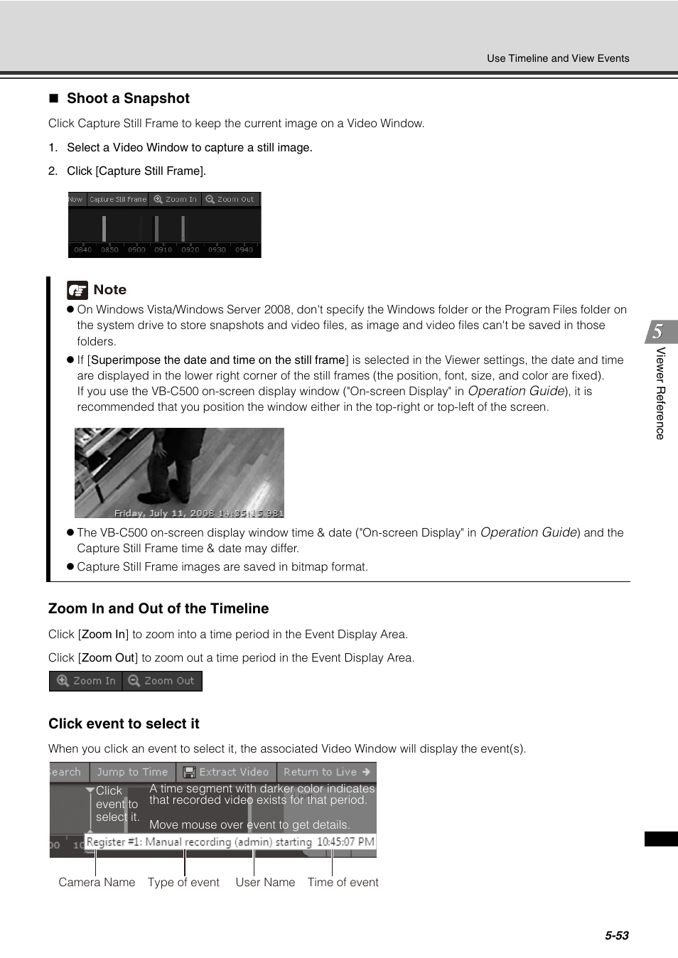 Shoot a snapshot, Shoot a snapshot -53, P. 5-53) | Zoom in and out of the timeline, Click event to select it | Canon VB-C60 User Manual | Page 203 / 288