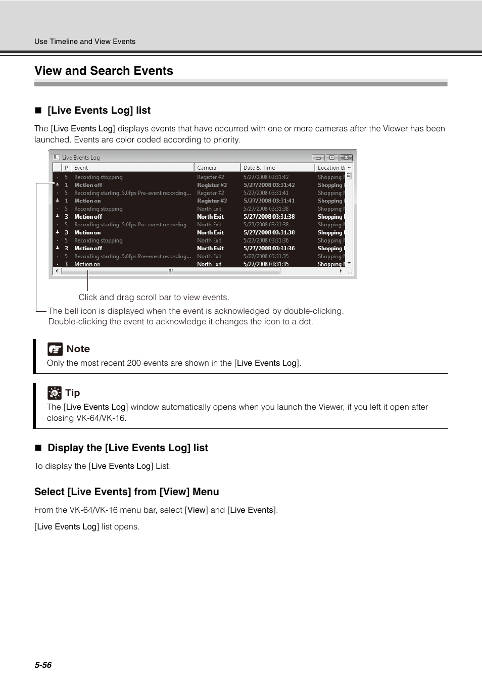 View and search events, Live events log] list, Display the [live events log] list | View and search events -56, P. 5-56) | Canon VB-C60 User Manual | Page 206 / 288