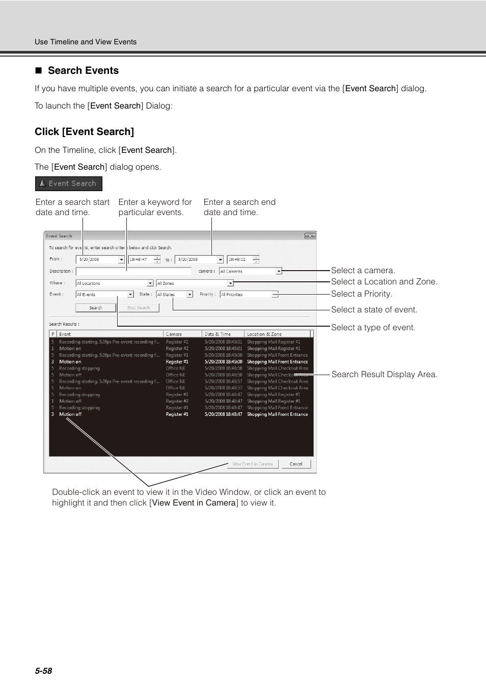 Search events, Search events -58, P. 5-58) | P. 5-58, Click [event search | Canon VB-C60 User Manual | Page 208 / 288