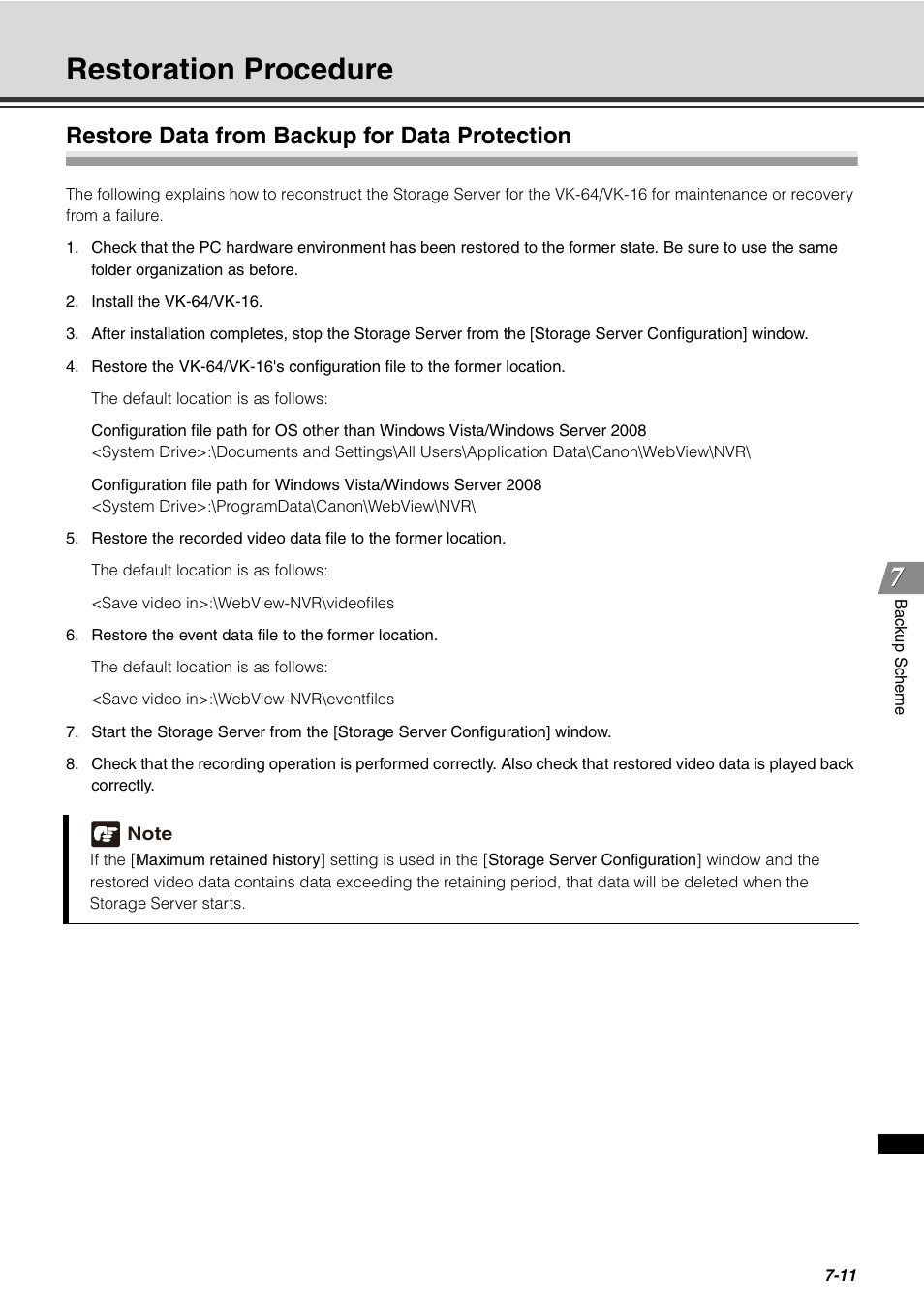 Restoration procedure, Restore data from backup for data protection, Restoration procedure -11 | Restore data from backup for data protection -11 | Canon VB-C60 User Manual | Page 231 / 288