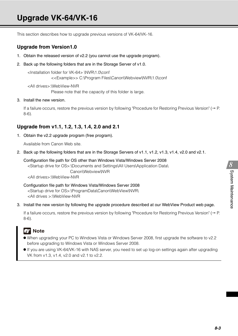 Upgrade vk-64/vk-16, Upgrade vk-64/vk-16 -3, Ee "upgrade vk-64/vk-16 | P. 8-3) | Canon VB-C60 User Manual | Page 237 / 288