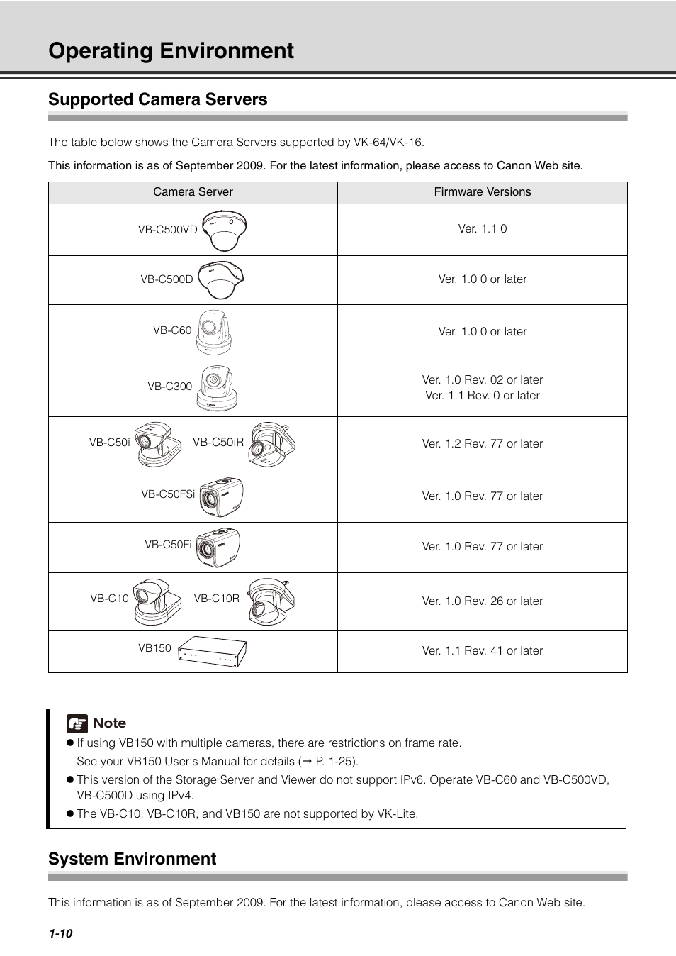 Operating environment, Supported camera servers, System environment | Operating environment -10 | Canon VB-C60 User Manual | Page 24 / 288