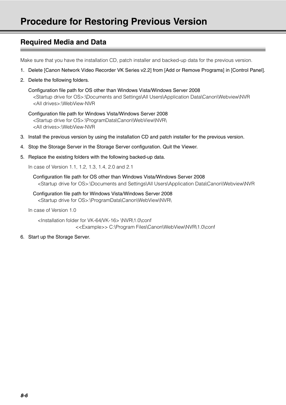 Procedure for restoring previous version, Required media and data, Procedure for restoring previous version -6 | Required media and data -6, G "procedure for restoring previous version | Canon VB-C60 User Manual | Page 240 / 288