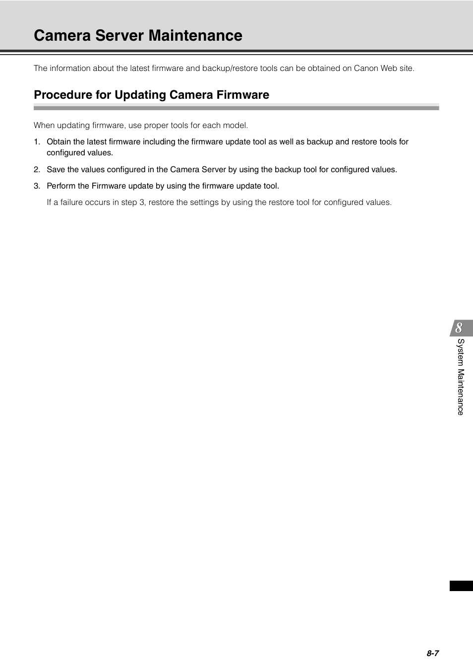 Camera server maintenance, Procedure for updating camera firmware, Camera server maintenance -7 | Procedure for updating camera firmware -7 | Canon VB-C60 User Manual | Page 241 / 288