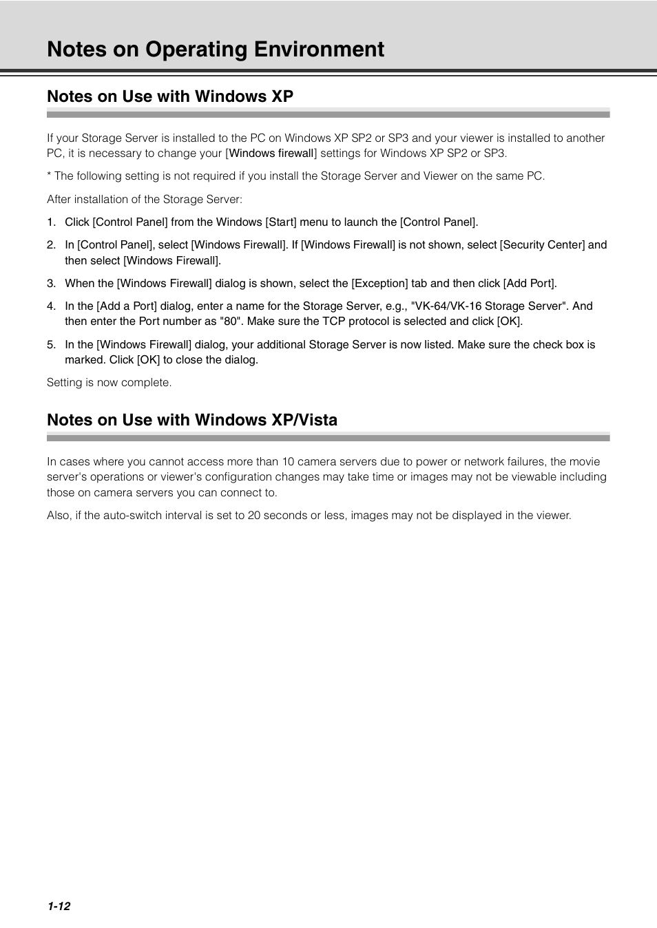 Notes on operating environment, Notes on use with windows xp, Notes on use with windows xp/vista | Notes on operating environment -12, P. 1-12 | Canon VB-C60 User Manual | Page 26 / 288