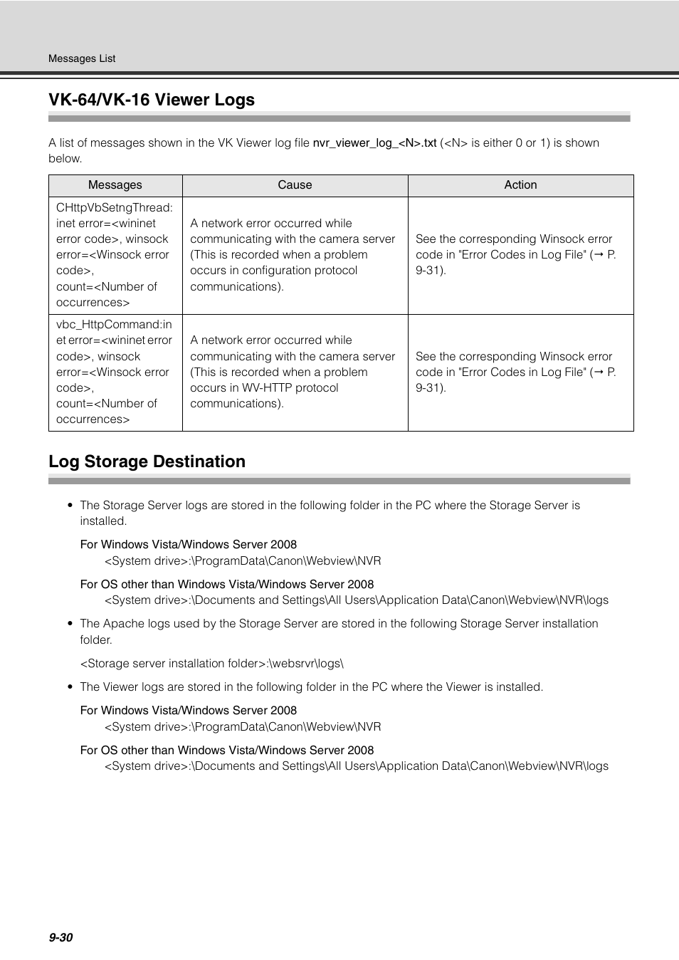 Vk-64/vk-16 viewer logs, Log storage destination | Canon VB-C60 User Manual | Page 272 / 288