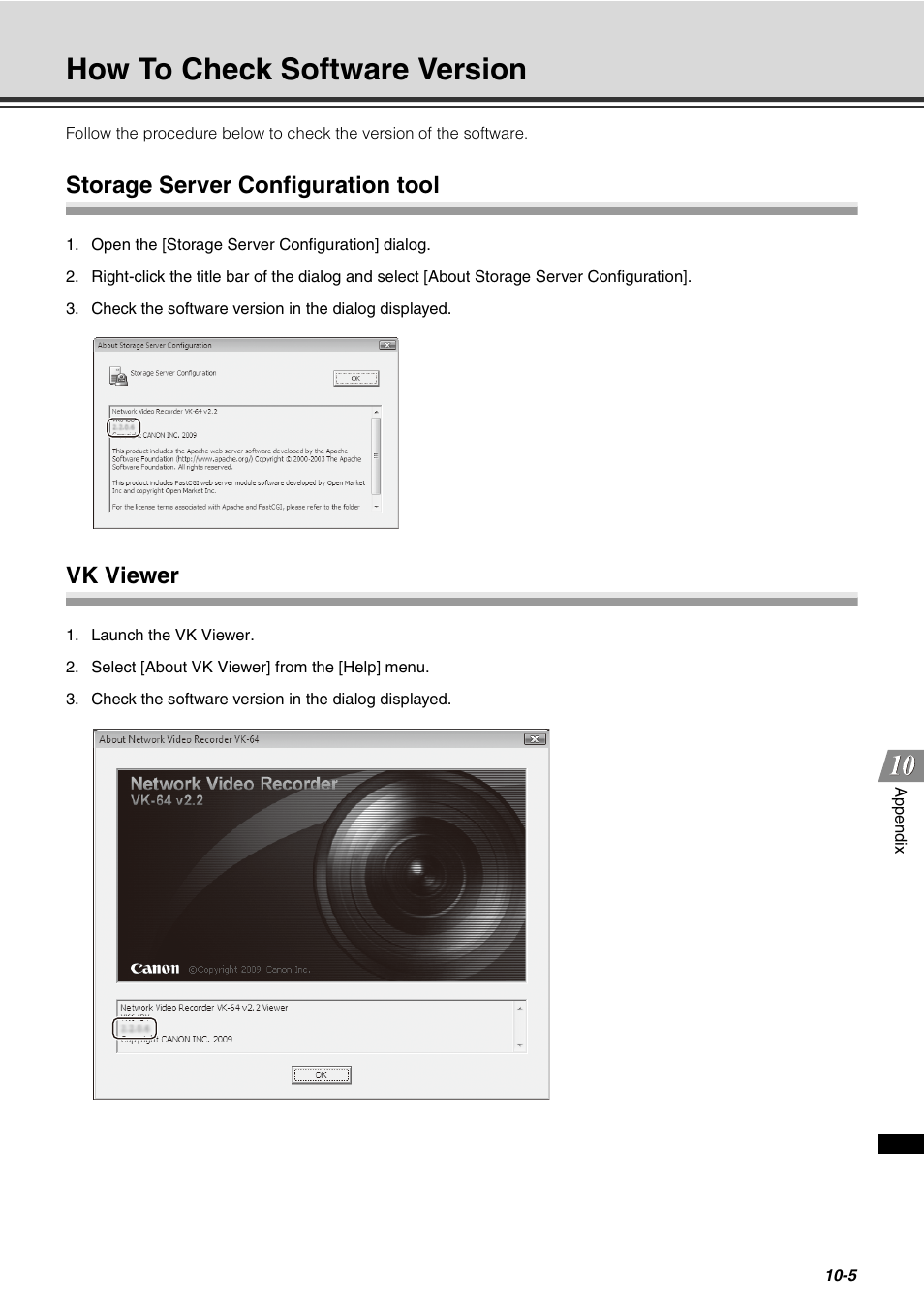 How to check software version, Storage server configuration tool, Vk viewer | How to check software version -5, Storage server configuration tool -5 vk viewer -5, P. 10-5) | Canon VB-C60 User Manual | Page 283 / 288