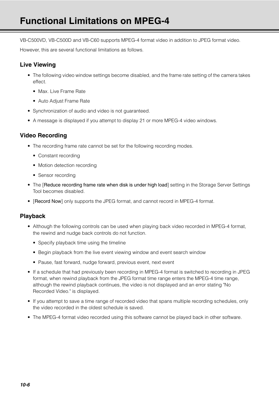 Functional limitations on mpeg-4, Functional limitations on mpeg-4 -6 | Canon VB-C60 User Manual | Page 284 / 288