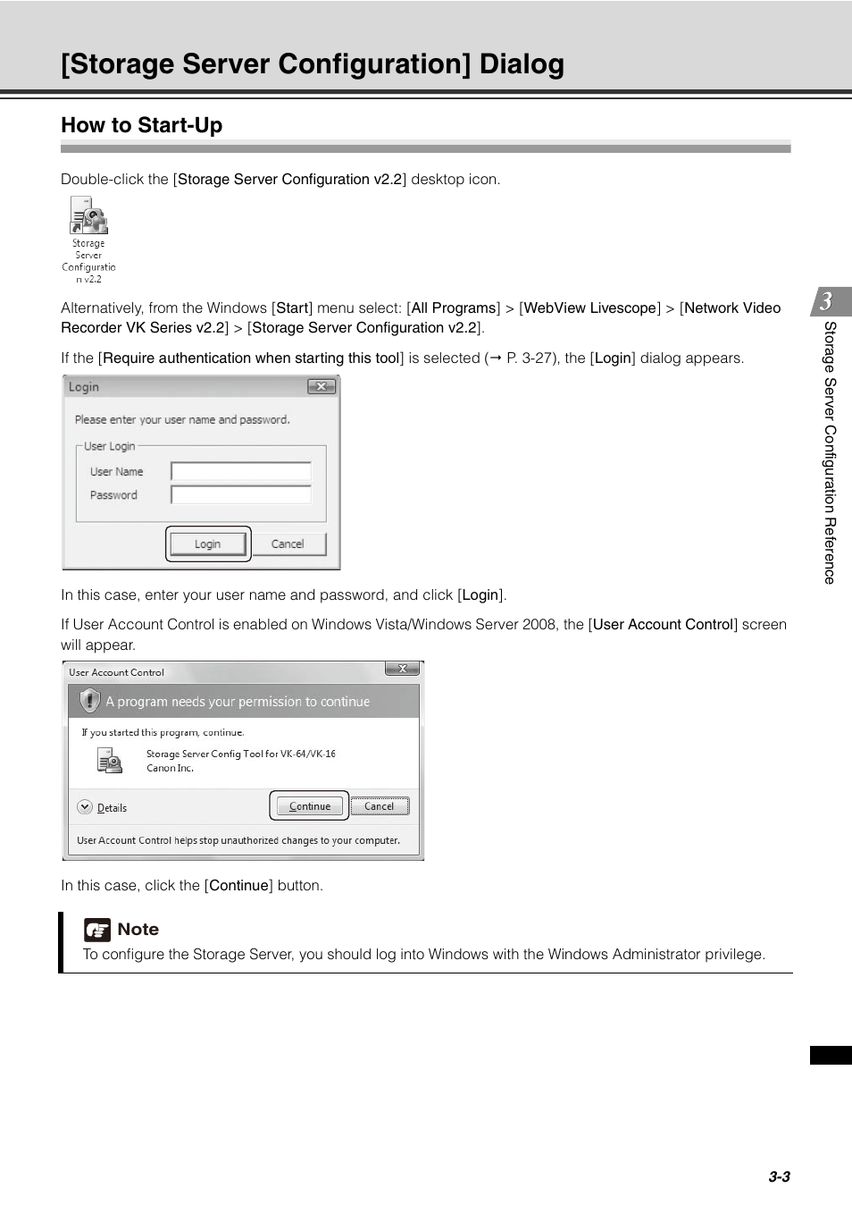 Storage server configuration] dialog, How to start-up, Storage server configuration] dialog -3 | How to start-up -3 | Canon VB-C60 User Manual | Page 55 / 288