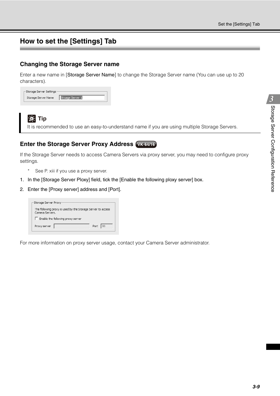 How to set the [settings] tab, How to set the [settings] tab -9, P. 3-9 | Changing the storage server name, Enter the storage server proxy address | Canon VB-C60 User Manual | Page 61 / 288