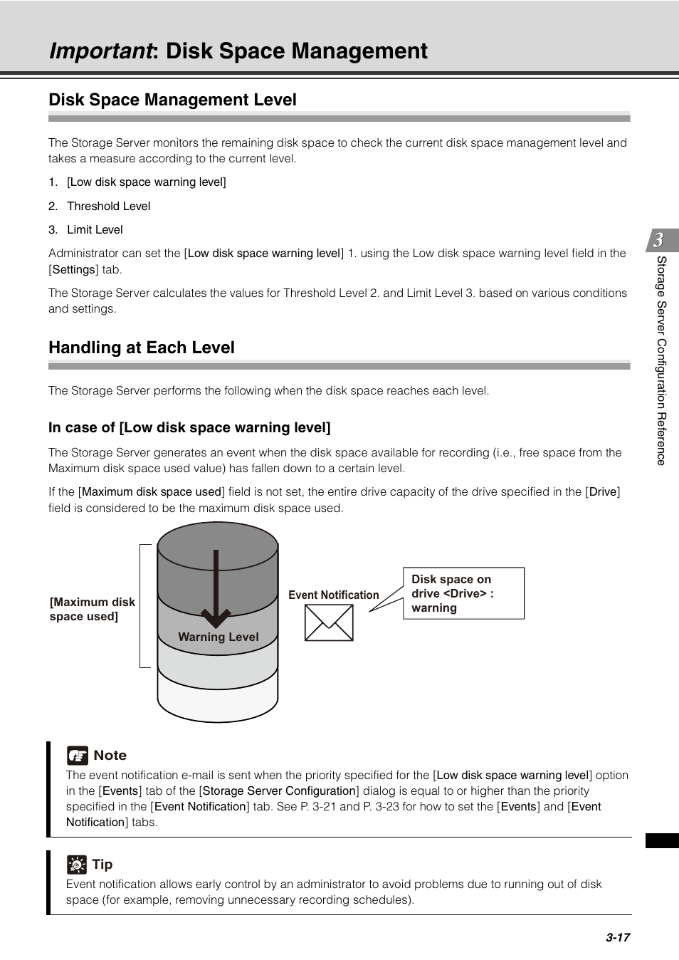 Important: disk space management, Disk space management level, Handling at each level | Important : disk space management -17, P. 3-17), Ee "important: disk space management, P. 3-17, E "important: disk space, Management, Important : disk space management | Canon VB-C60 User Manual | Page 69 / 288