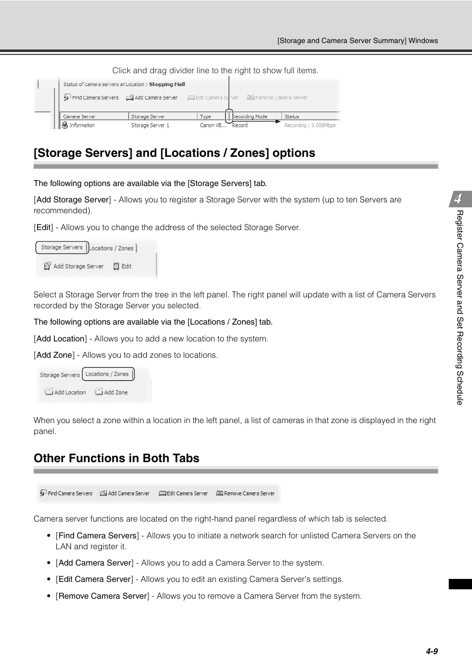 Storage servers] and [locations / zones] options, Other functions in both tabs | Canon VB-C60 User Manual | Page 89 / 288