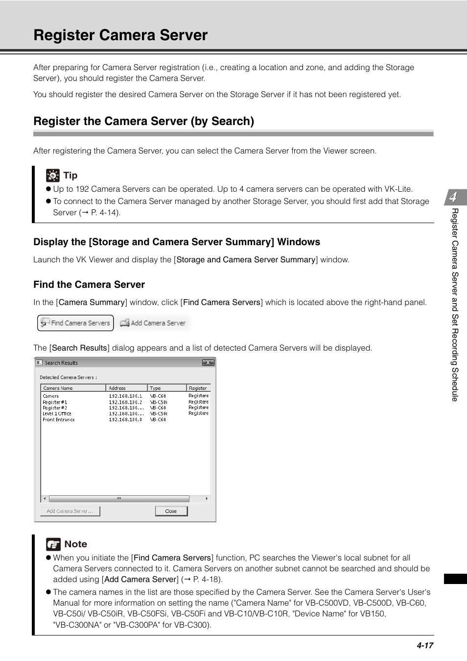 Register camera server, Register the camera server (by search), Register camera server -17 | Register the camera server (by search) -17 | Canon VB-C60 User Manual | Page 97 / 288