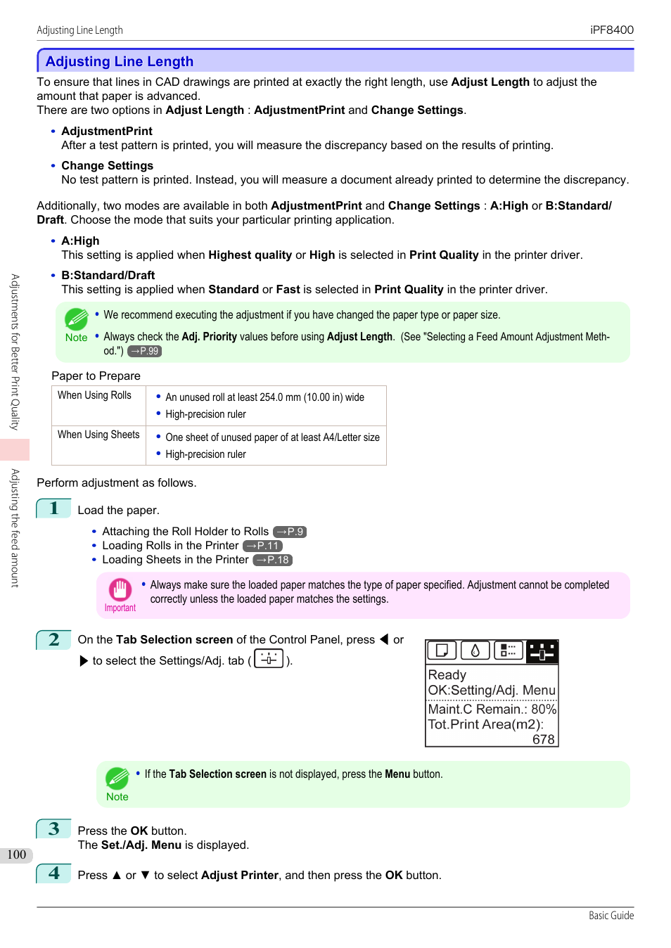 Adjusting line length | Canon imagePROGRAF iPF8400 User Manual | Page 100 / 157