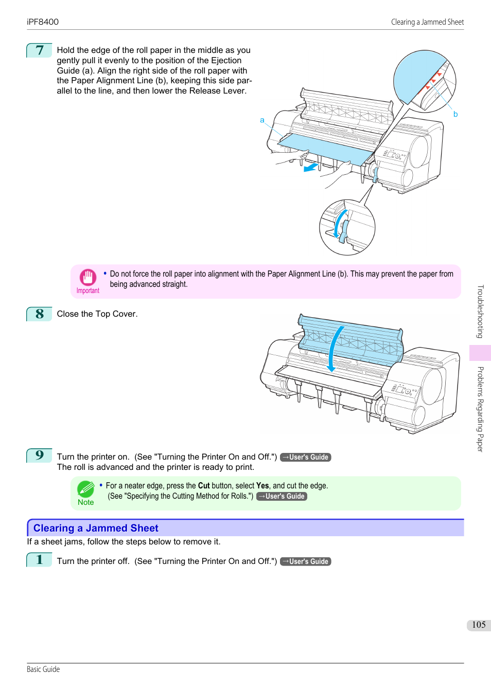 Clearing a jammed sheet | Canon imagePROGRAF iPF8400 User Manual | Page 105 / 157