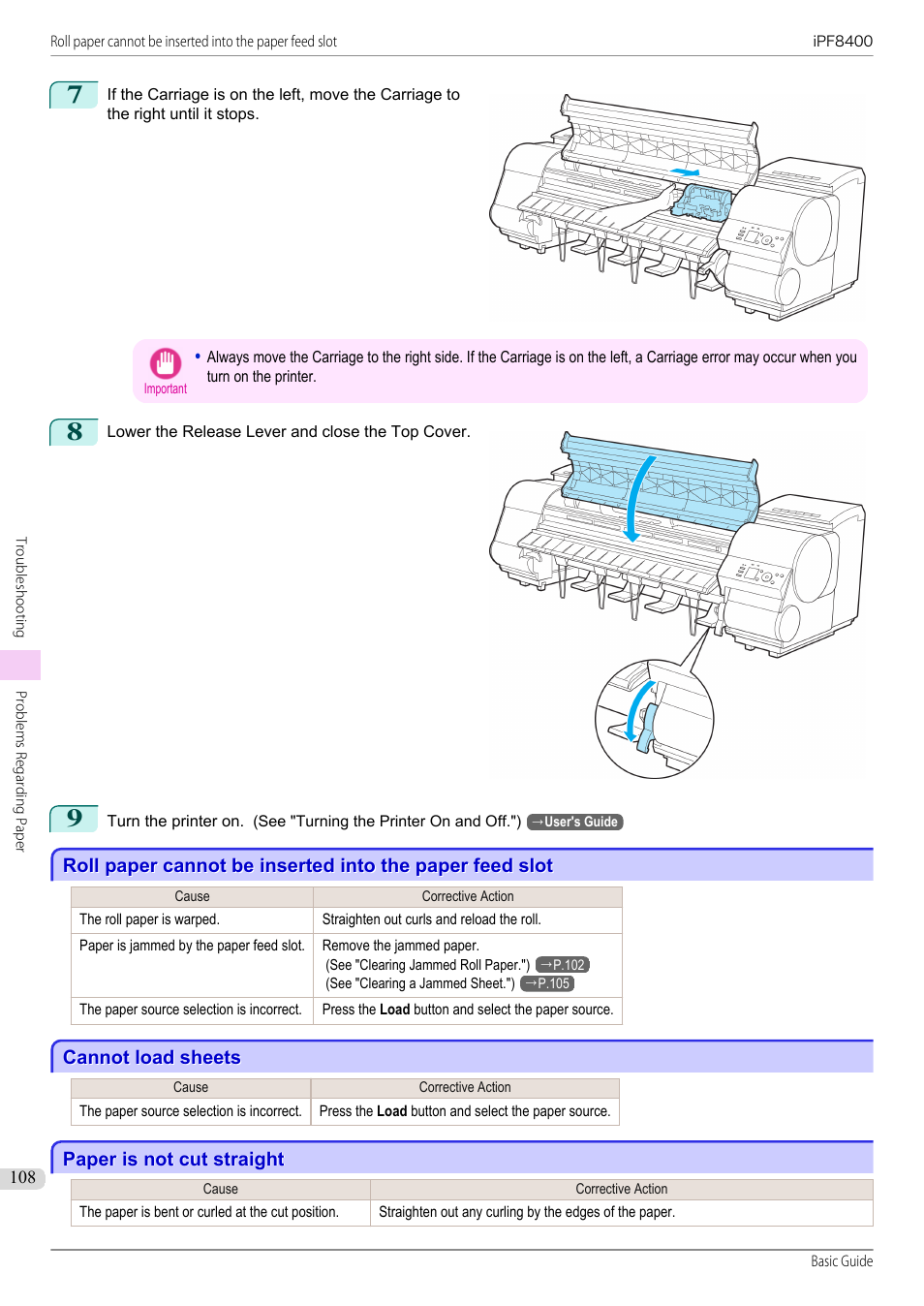 Cannot load sheets, Paper is not cut straight | Canon imagePROGRAF iPF8400 User Manual | Page 108 / 157