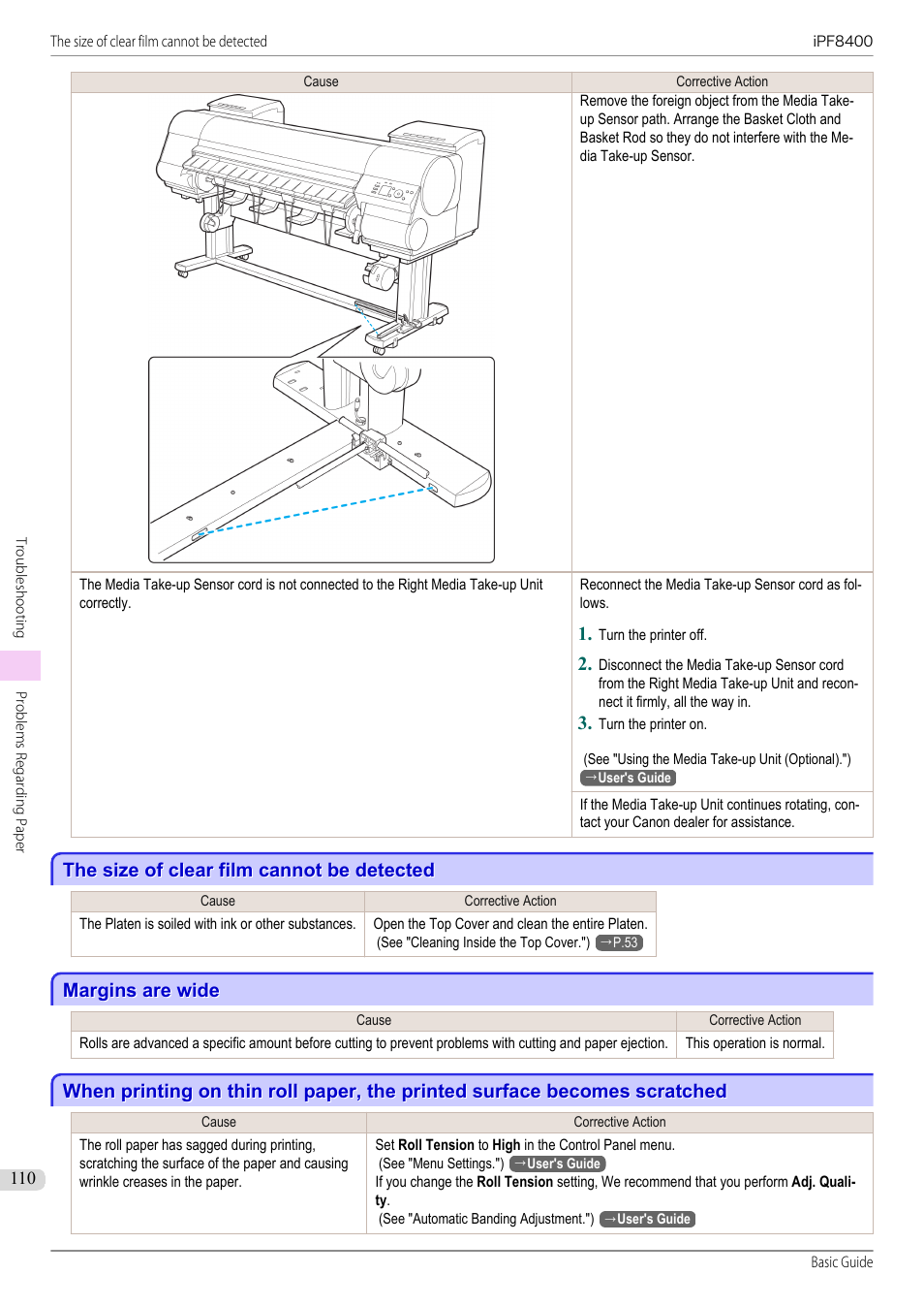 The size of clear film cannot be detected, Margins are wide | Canon imagePROGRAF iPF8400 User Manual | Page 110 / 157