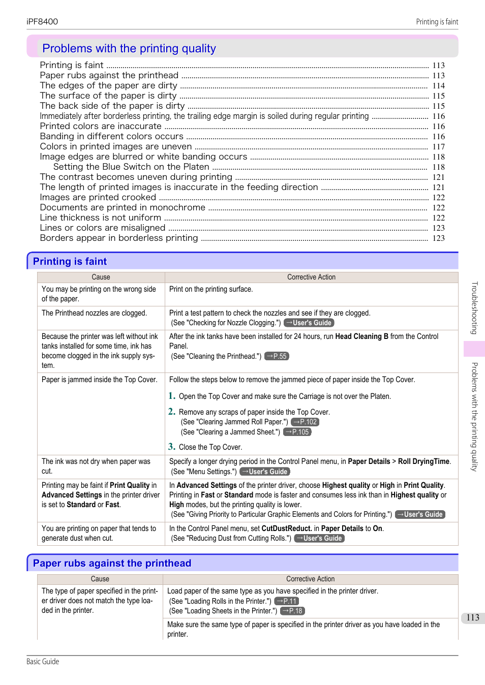 Problems with the printing quality, Printing is faint, Paper rubs against the printhead | Canon imagePROGRAF iPF8400 User Manual | Page 113 / 157