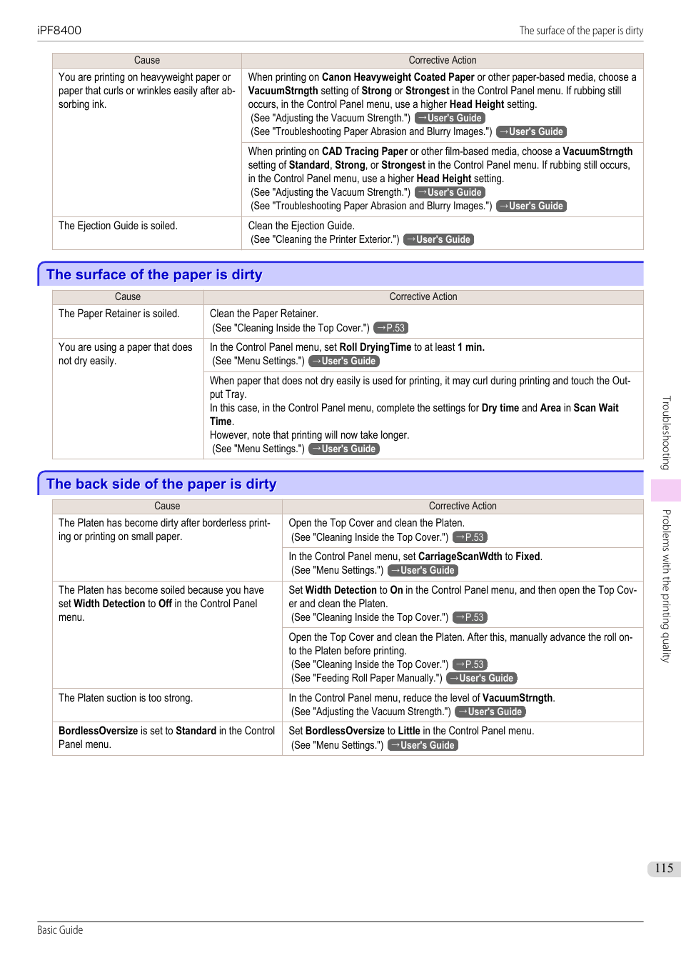The surface of the paper is dirty, The back side of the paper is dirty | Canon imagePROGRAF iPF8400 User Manual | Page 115 / 157