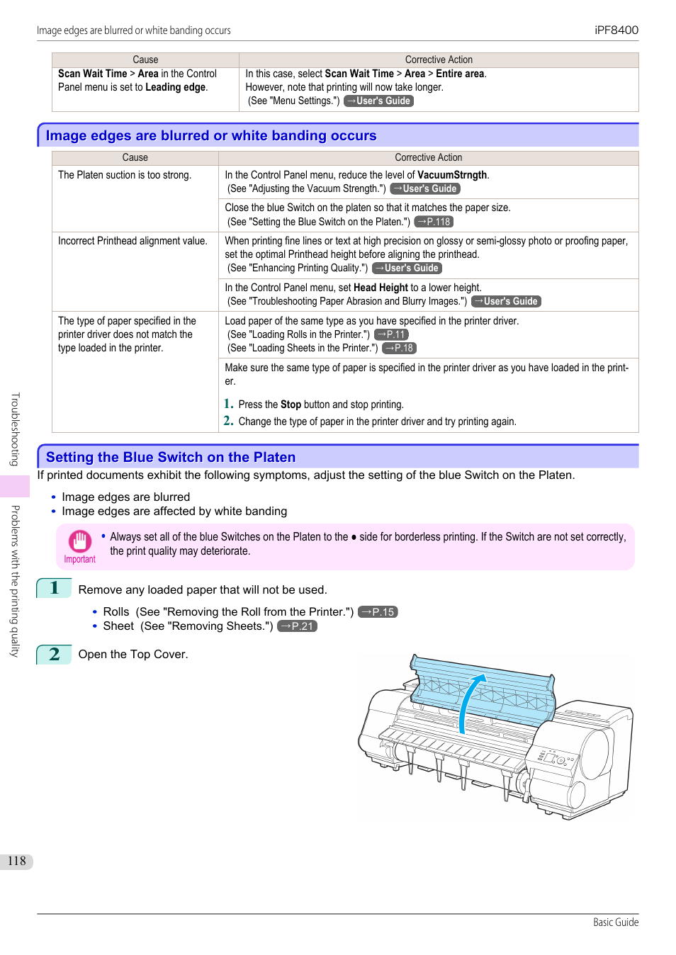 Image edges are blurred or white banding occurs, Setting the blue switch on the platen | Canon imagePROGRAF iPF8400 User Manual | Page 118 / 157