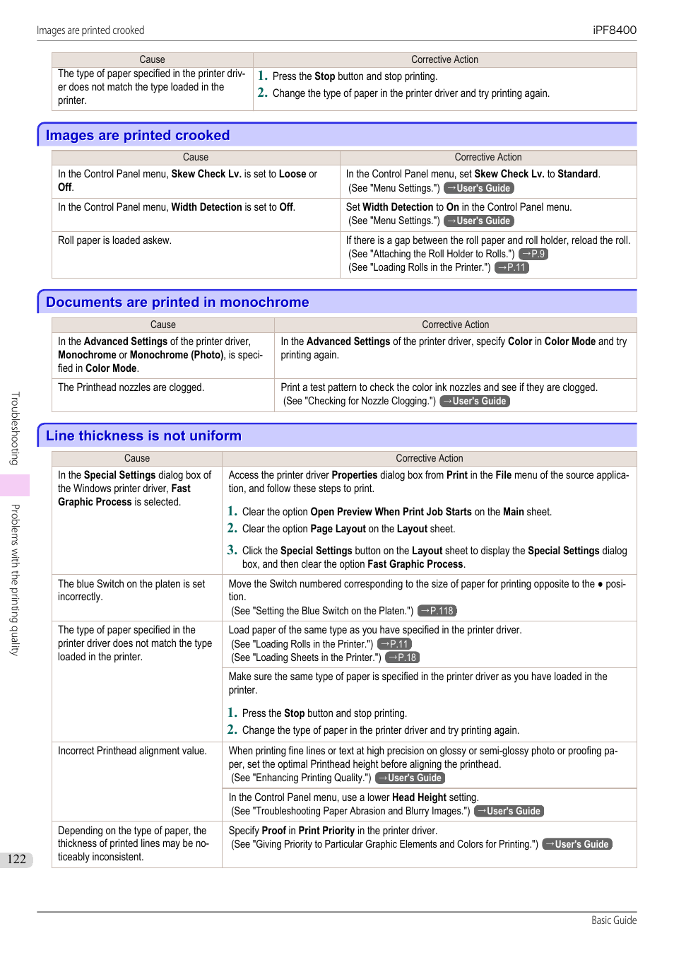 Images are printed crooked, Documents are printed in monochrome, Line thickness is not uniform | Canon imagePROGRAF iPF8400 User Manual | Page 122 / 157
