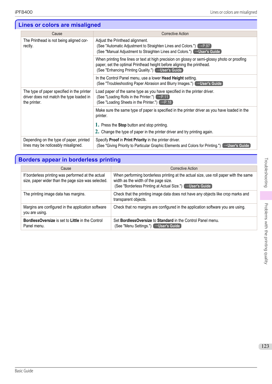 Lines or colors are misaligned, Borders appear in borderless printing | Canon imagePROGRAF iPF8400 User Manual | Page 123 / 157