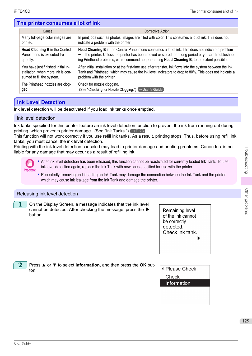The printer consumes a lot of ink, Ink level detection | Canon imagePROGRAF iPF8400 User Manual | Page 129 / 157